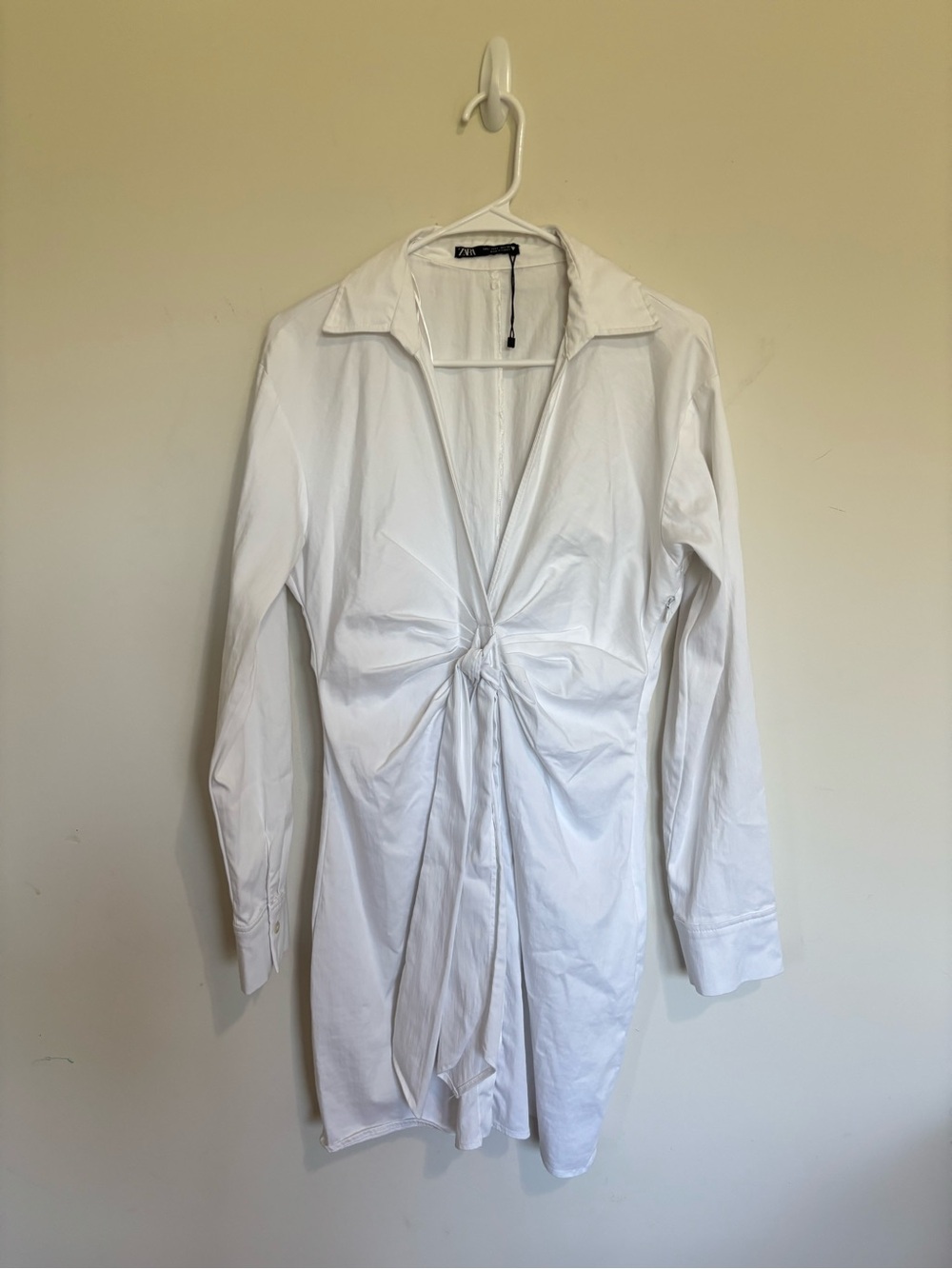 Zara White Twist-Front Mini Dress Large Plunging Neckline Long Sleeve